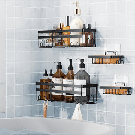 AHOXE Adhesive Shower Caddy, 4 Pack Rustproof Stainless Steel Bath Organizers With Large Capacity, No Drilling Shelves for Bathroom Storage