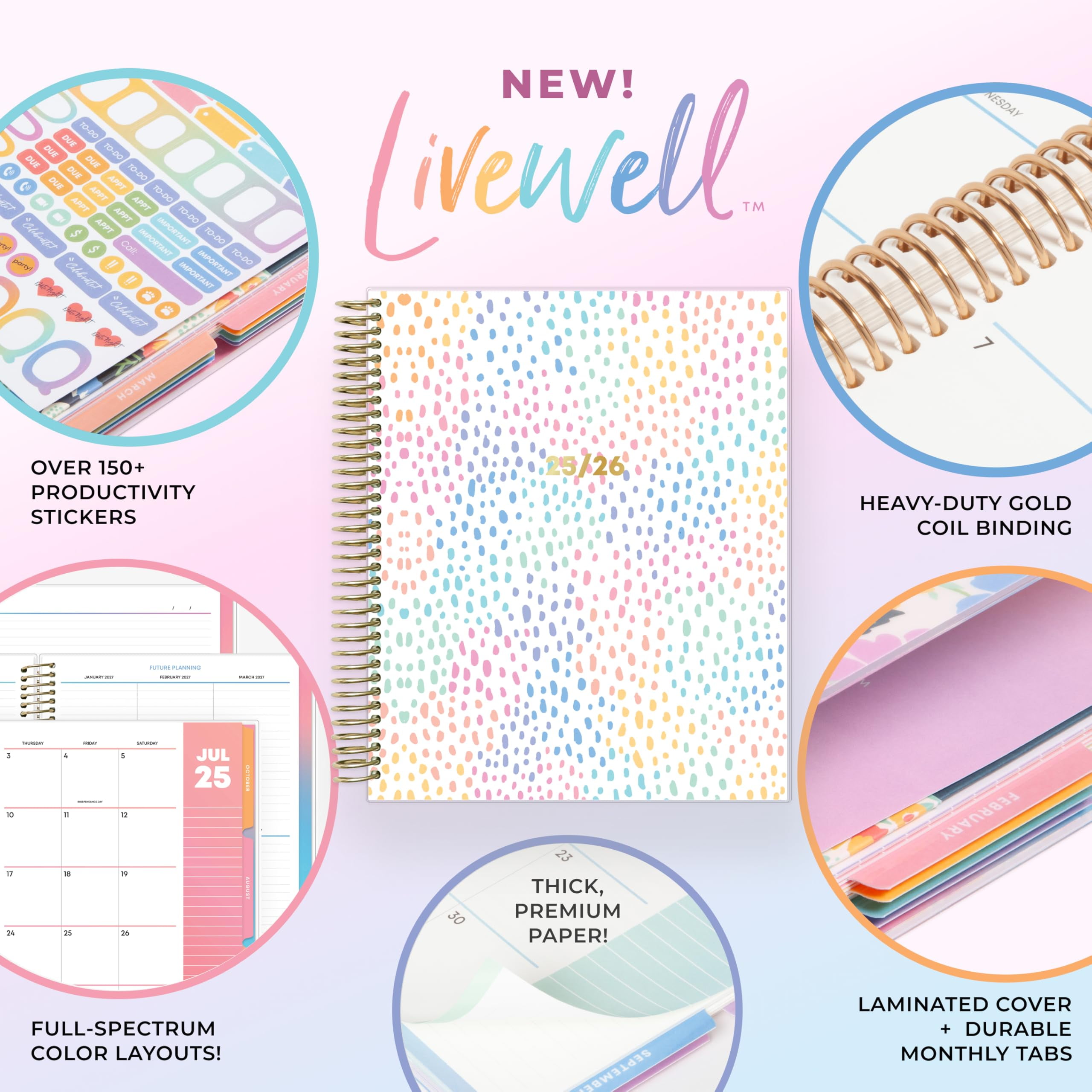 2025-26 Weekly Monthly Planner, 7x9, LiveWell, Rainbow