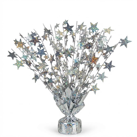 PMU Bursting Star Centerpiece- Prismatic Laser Silver Balloon Weights, table Centerpiece for Graduation, Birthdays, Halloween, Veterans, Party & Independence Day Celebration-15in / 7.34cm