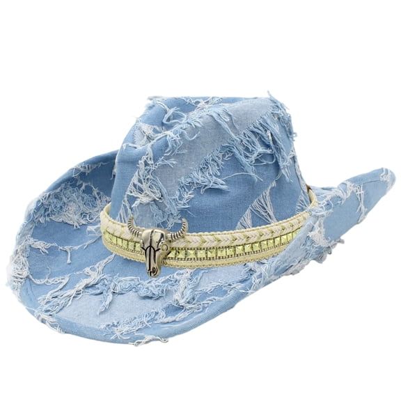 RUINIXCW Western Denim Cowboy Hat Blue Denim Cowgirl Hat For Man Women Distressed Jean Hat With Bull Head Buckle Belt Wide Brim Outback Hat