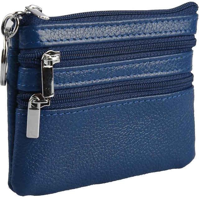 Monedero de piel auténtica para mujer, color azul, minimonedero con llavero