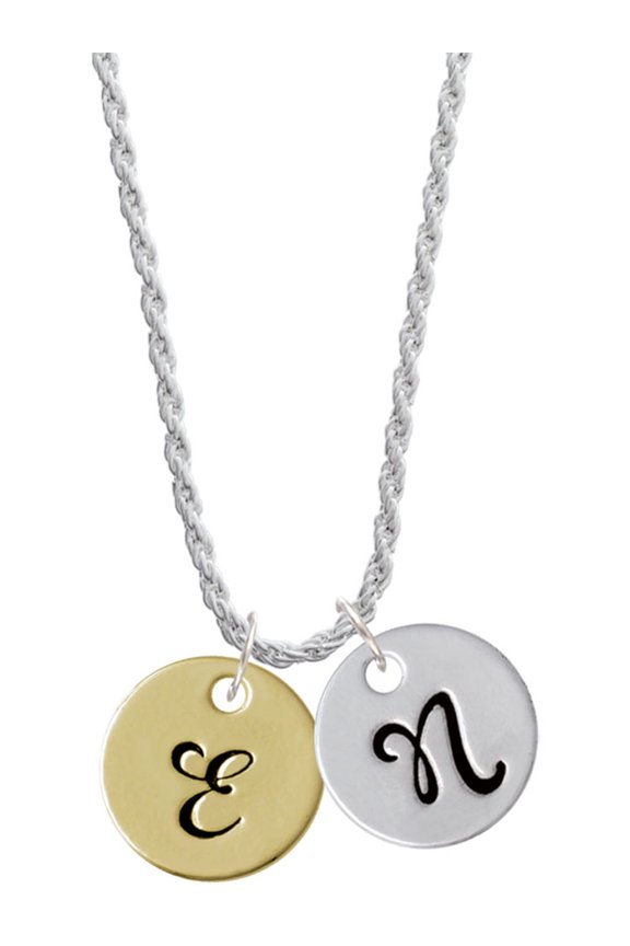 Goldtone Large Disc Letter - E - 3/4'' Silvertone Script Initial Disc - N - Charm Necklace, 20"+3"