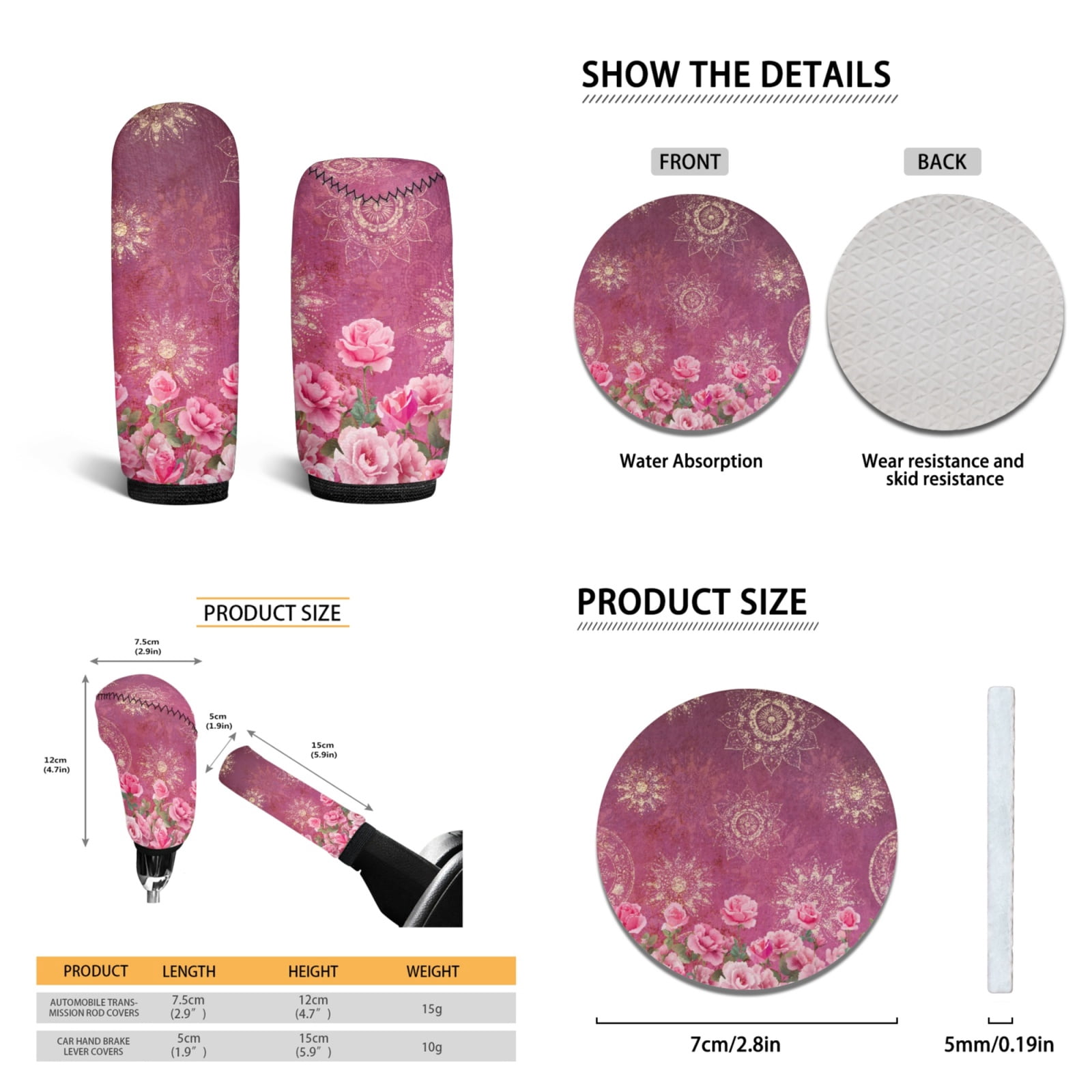 Yuyamidu Boho Flower Auto Seat Cover Set of 15 Pink Rose Car Floor Mats Steering Wheel Cover Seatbelt Pad Cup Holders Handbrake Cover Set for SUV Van Truck
