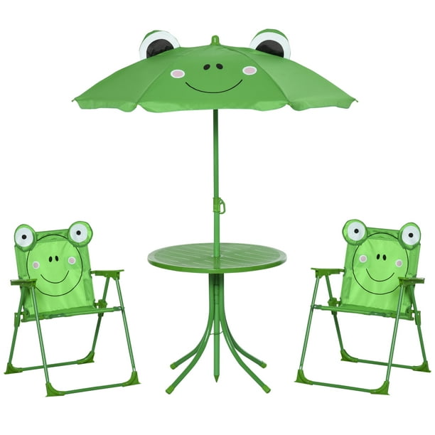 Outsunny Kids Folding Picnic Table and Chair Set Pattern Outdoor Garden Patio Backyard with Removable & Height Adjustable Sun Umbrella Green