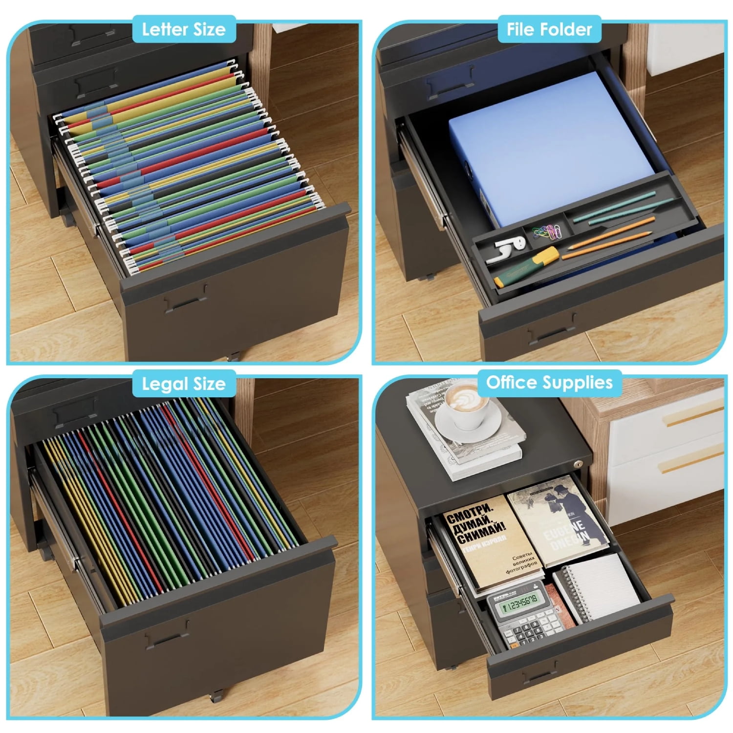 3 Drawer File Cabinet with Lock, Heavy Duty Metal Mobile Filing Cabinet for Home Office, Under Desk Storage with Name Holder, Fits Legal/Letter/A4