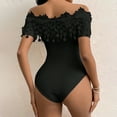 thumbnail image 2 of ZEHJUHAN Women's Solid Color Lace Off The Shoulder Bodysuit Floral Short Sleeve Jumpsuit Sexy Party Outfit Black，XS, 2 of 3