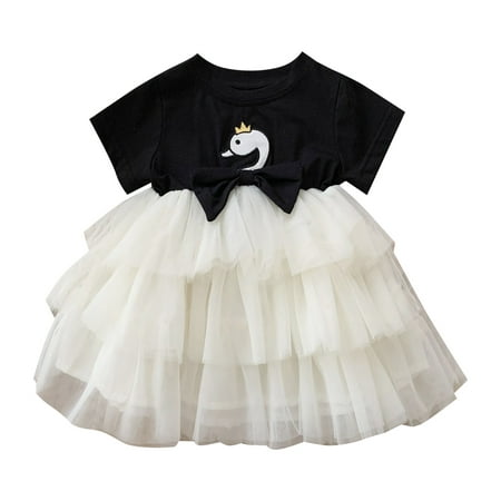 

Baby Girls Bodysuits Girls Summer Cake Skirt Three Layer Embroidered Swan Pattern Dress For Girls For 4-5 Years