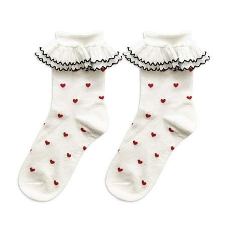 

Women Sweet Double Layer Ruffle Frilly Short Socks Japanese Lolita Kawaii Little Heart Print Princess Cotton Hosiery
