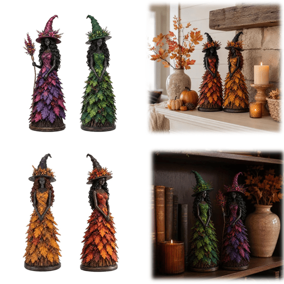 Enchanted Autumn Witch Figurine, Halloween Witch Statue | Fall Tabletop Decor, Witch Shelf Decoration , Gothic Harvest Home Halloween Decor Gift Yellow-S