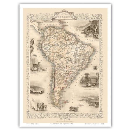 Map of South America - Vintage Colored Cartographic Map by J. Rapkin c.1851 - Master Art Print (Unframed) 9in x 12in