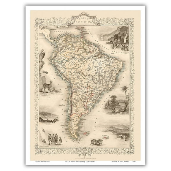 Map of South America - Vintage Colored Cartographic Map by J. Rapkin c.1851 - Master Art Print (Unframed) 9in x 12in