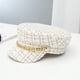 thumbnail image 4 of Sombreros de mujer, gorras de tweed a cuadros, gorras de vendedor de periódicos, visera plana con cadena, estilo militar vintage a cuadros blanco, 4 of 5