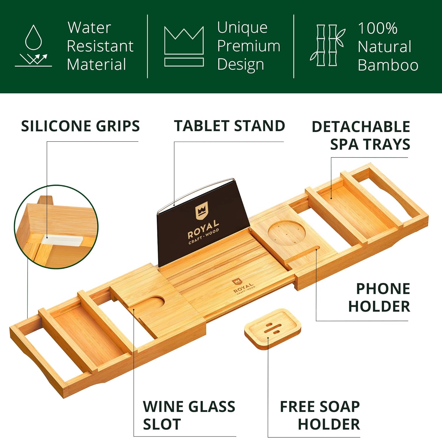 ROYAL CRAFT WOOD Luxury Bathtub Caddy Tray, One or Two Person Bath and Bed Tray, Bonus Free Soap Holder (Natural Bamboo Color) - image 3 of 10