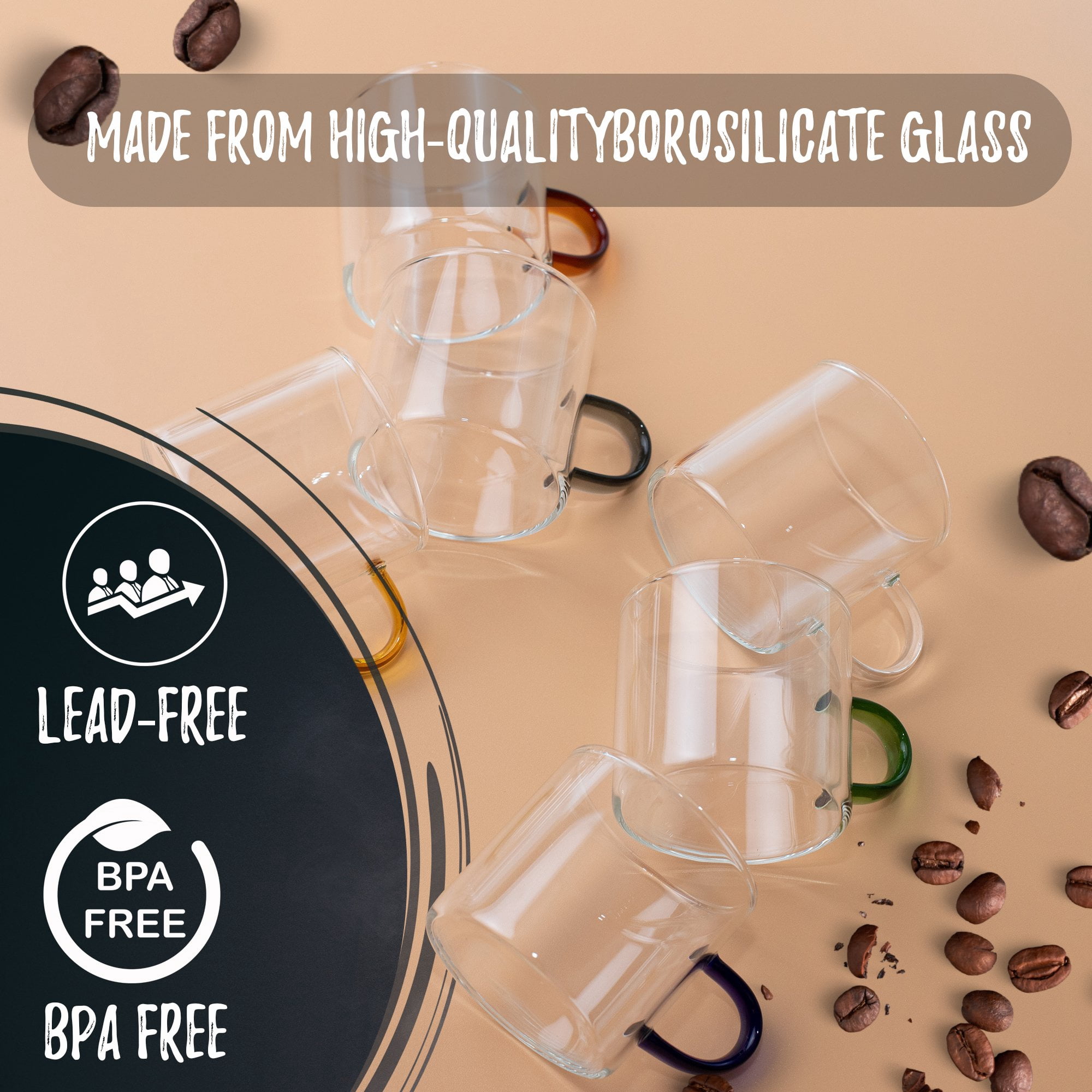 Bacimi Multi-color Borosilicate Clear Glass Espresso cups 120ML/4oz, Set of 6