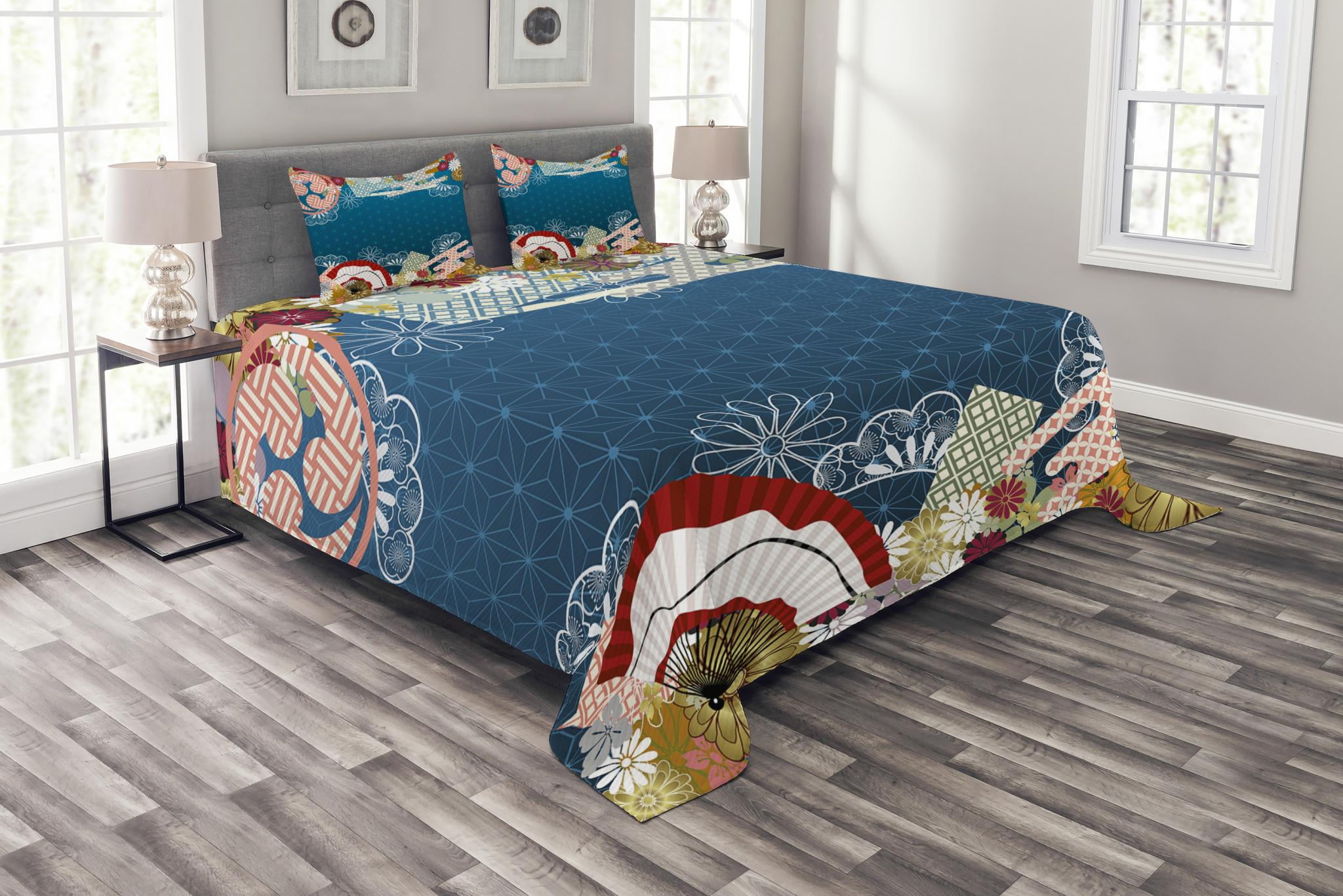 Modern Bedspread Set Queen Size, Japanese Contemporary Asian Artful