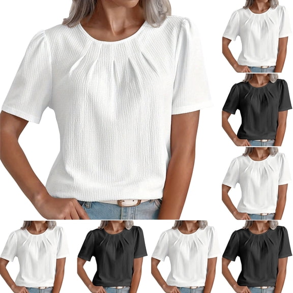 YHAJDS Basic Tees Spring Tunic Blouse Women's Short Sleeve Tops Round Neck Solid Color Casual