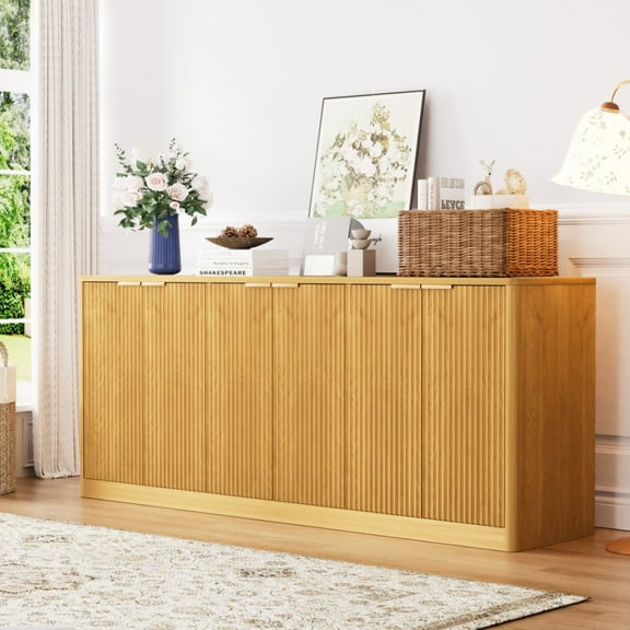 67" Fluted Sideboard Cabinet with 6 Doors, Wood Buffet Storage Credenza with Adjustable Shelves,Mid Century Modern Kitchen Cabinet for Dining Room,Living Room