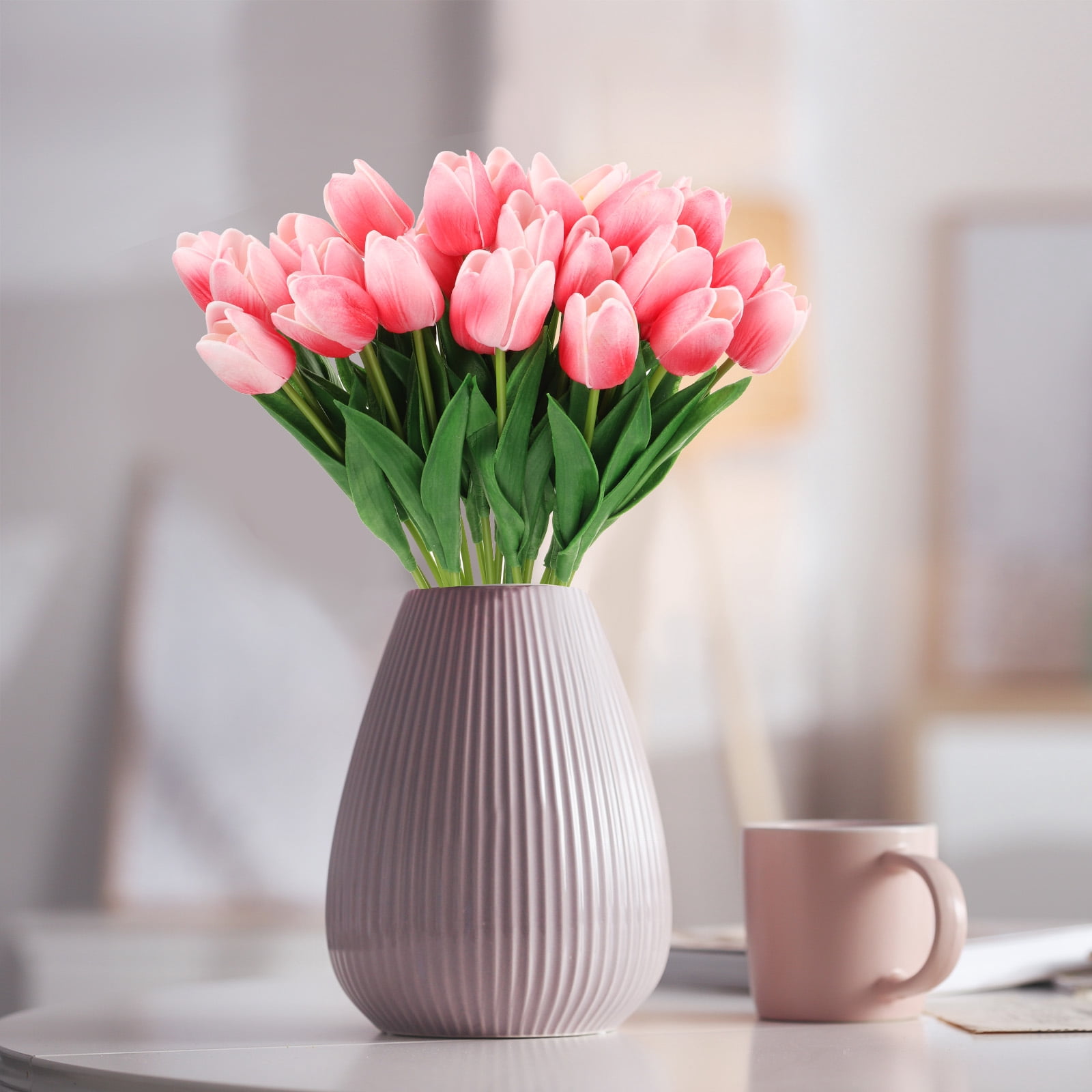 Unique Bargains Fake Flowers PU Artificial Tulips Real Touch with Stems 24Pcs Dark Pink
