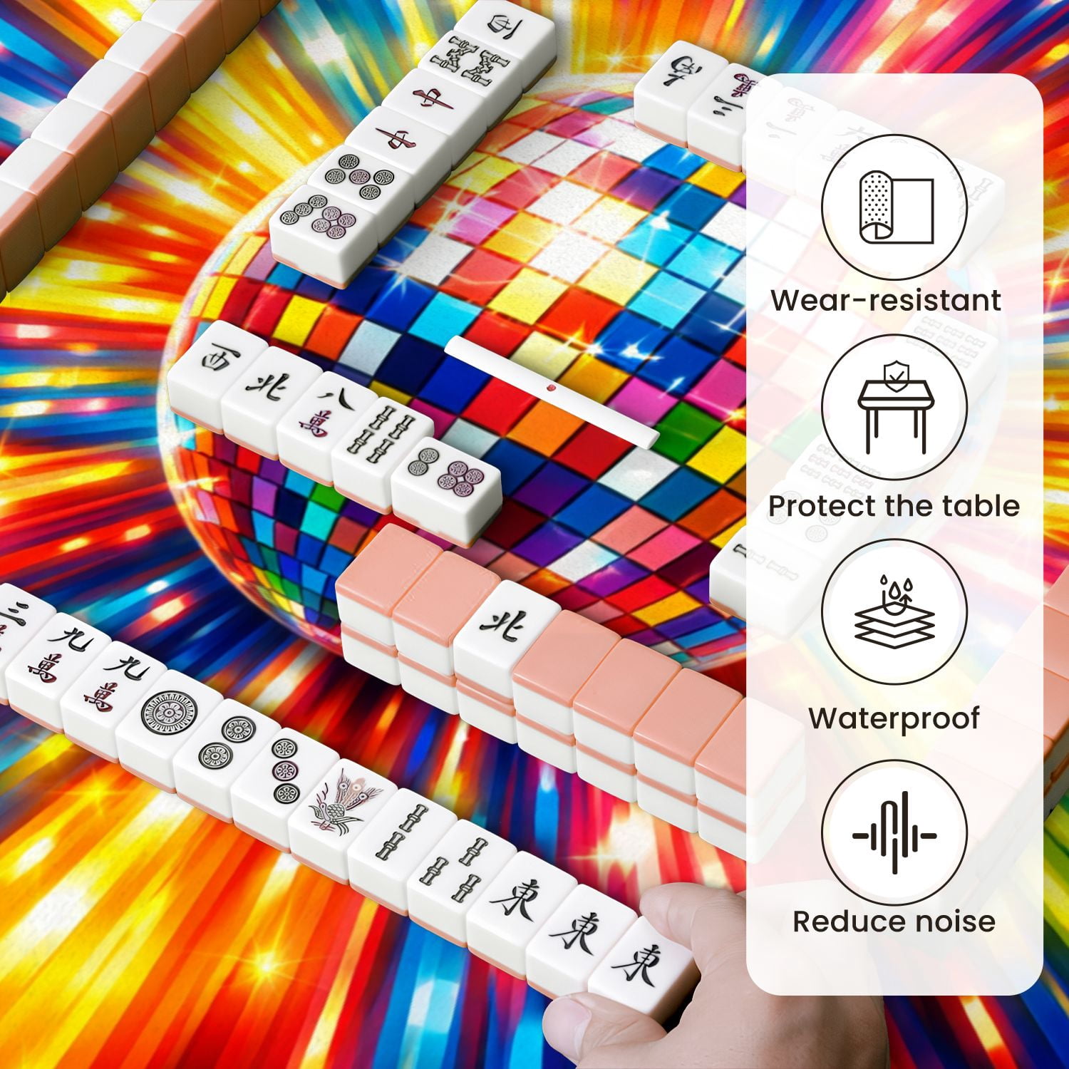 Mahjong Mat 31.5" x 31.5" Colorful Disco Ball Radiant Light Burst Abstract Non-Slip Noise Reduction Mahjong Tiles Table Cover for Dominoes Poker Card Board and Tile Games