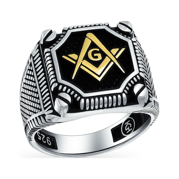 Bling Jewelry Mens Black Large Compass Freemason Masonic Signet Ring Solid .925 Sterling Silver