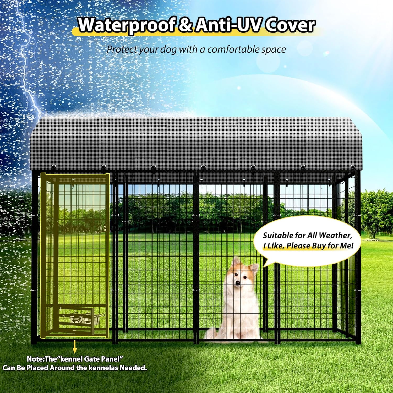 8‘x4’x6‘ Upgraded Large Dog Kennel Outdside with Bowls, Sturdy Outdoor Dog Playpen Dog Exercise House Dog Enclosure Run Pet Fence Coop with Lockable Feeding Doors and Roof, for Small and Large Dogs