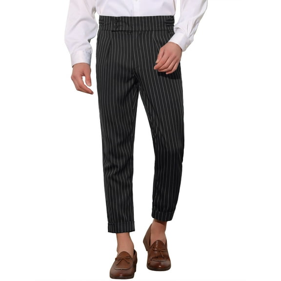 INSPIRE CHIC Striped Dress Pants for Men's Pleated Front Business Tapered Cropped Trousers 30 Black