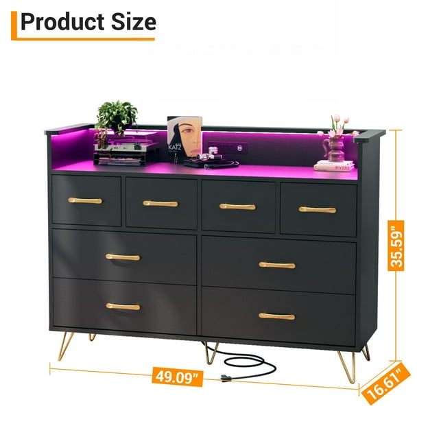 GloryStar Commode à 8 Tiroirs avec Lumières DEL, Station de Recharge Intégrée, 3 Prises CA et 2 Ports USB, Assemblage Facile, Grand Rangement, Parfait pour la Chambre et le Salon - 49.08 Pouces x 16.73 Pouces x 35.43 Pouces