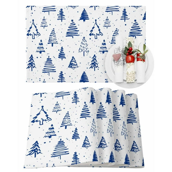 Christmas Placemats Set of 6, Christmas Trees Place Mats Snow Winter Blue White Placemat Table Decoration for Kitchen Table Dinner Xmas Holiday Party Home Decor Indoor Outdoor 13x19 Inch