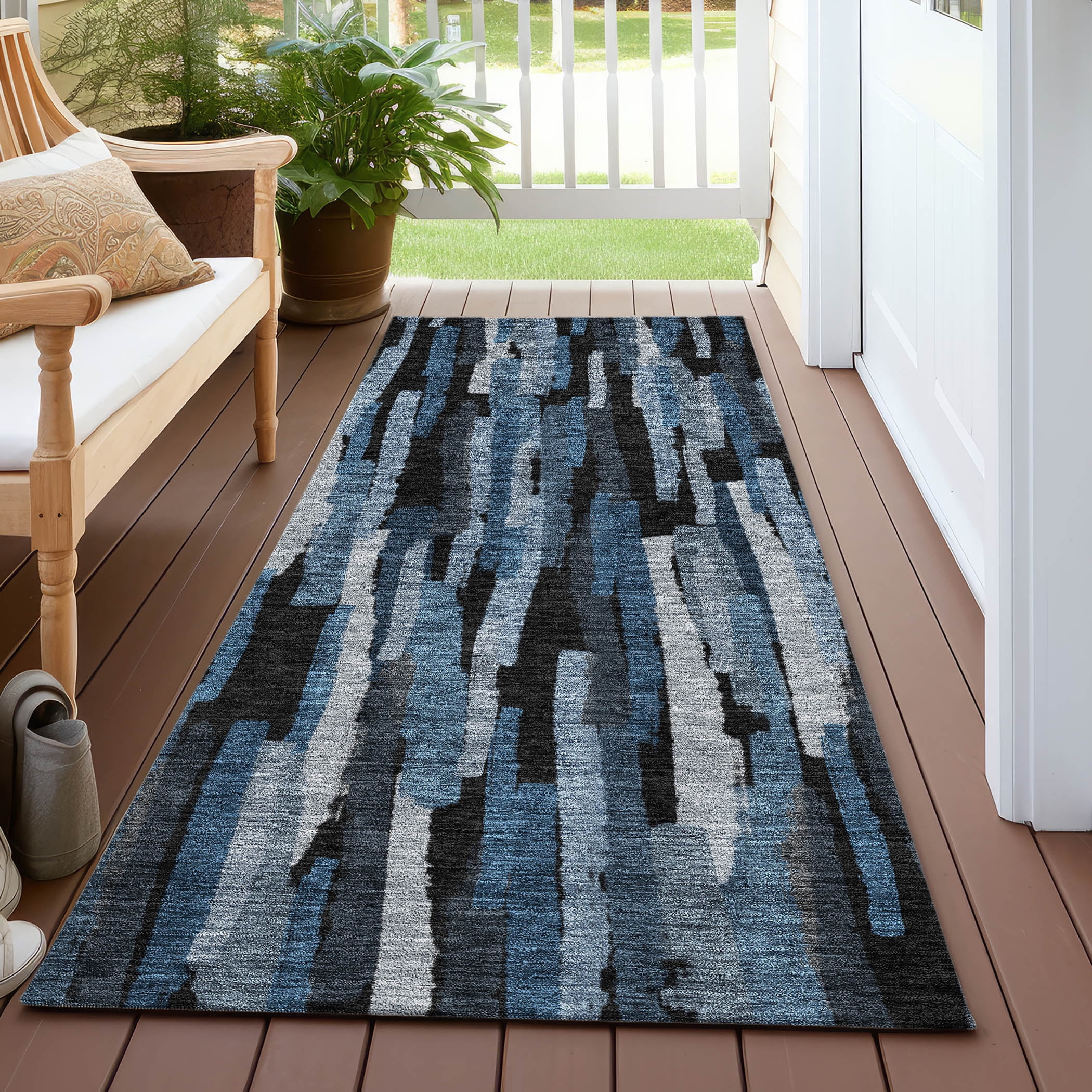 Addison Rugs Chantille Indoor/Outdoor Transitional Stripes Blue Washable Runner Rug, 2'3" x 7'6"