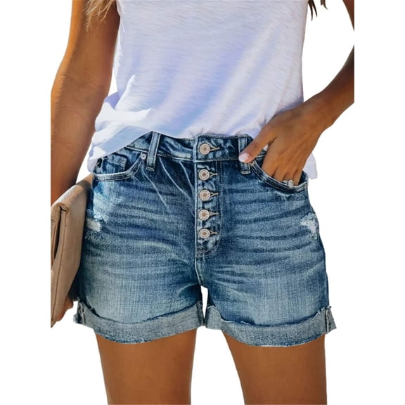 Valcatch Women's Casual Stretch Denim Jean Shorts Mid Rise Ripped Folded Hem Button Pockets Summer Shorts