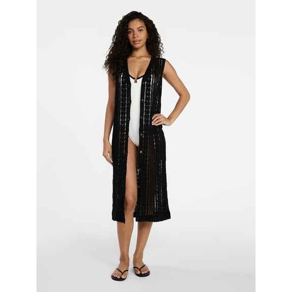 Time and Tru Women's Crochet Button Down Coverup, Size S/M, Black Soot