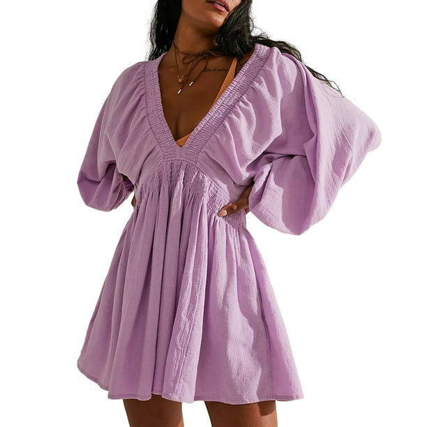 Vestido de manga farol básico corto hombro caído traje diario para mujer Kuymtek Púrpura T S para Mujer