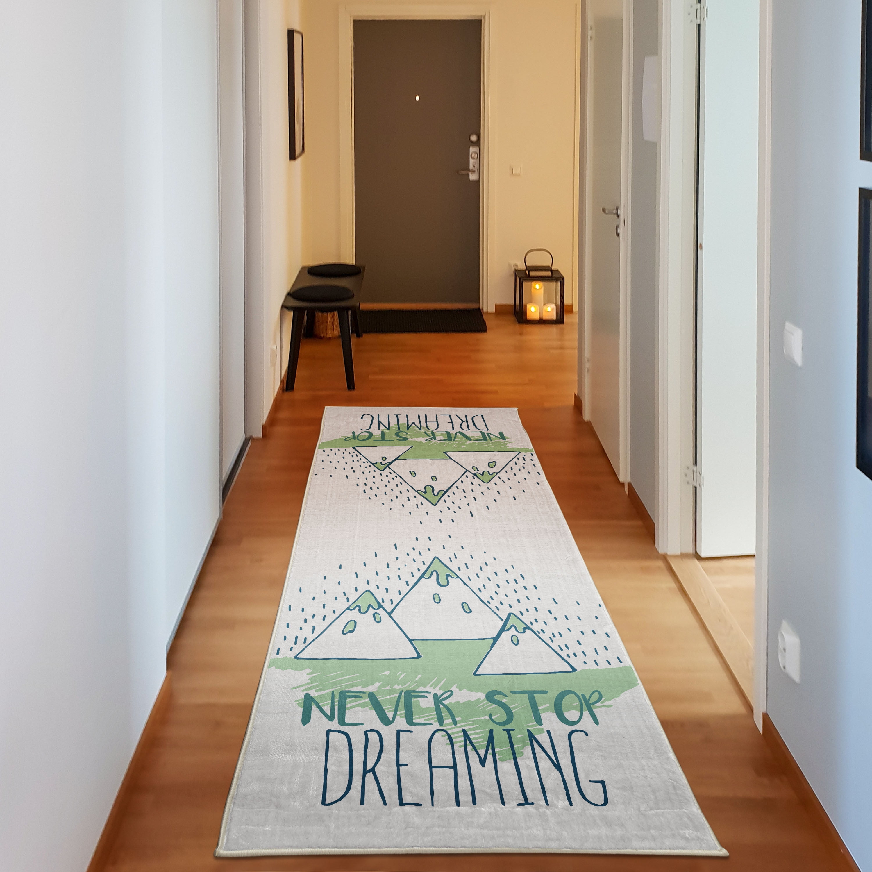 Saying Decorative Rug, Mountain Peaks and Never Stop Dreaming Goals ...