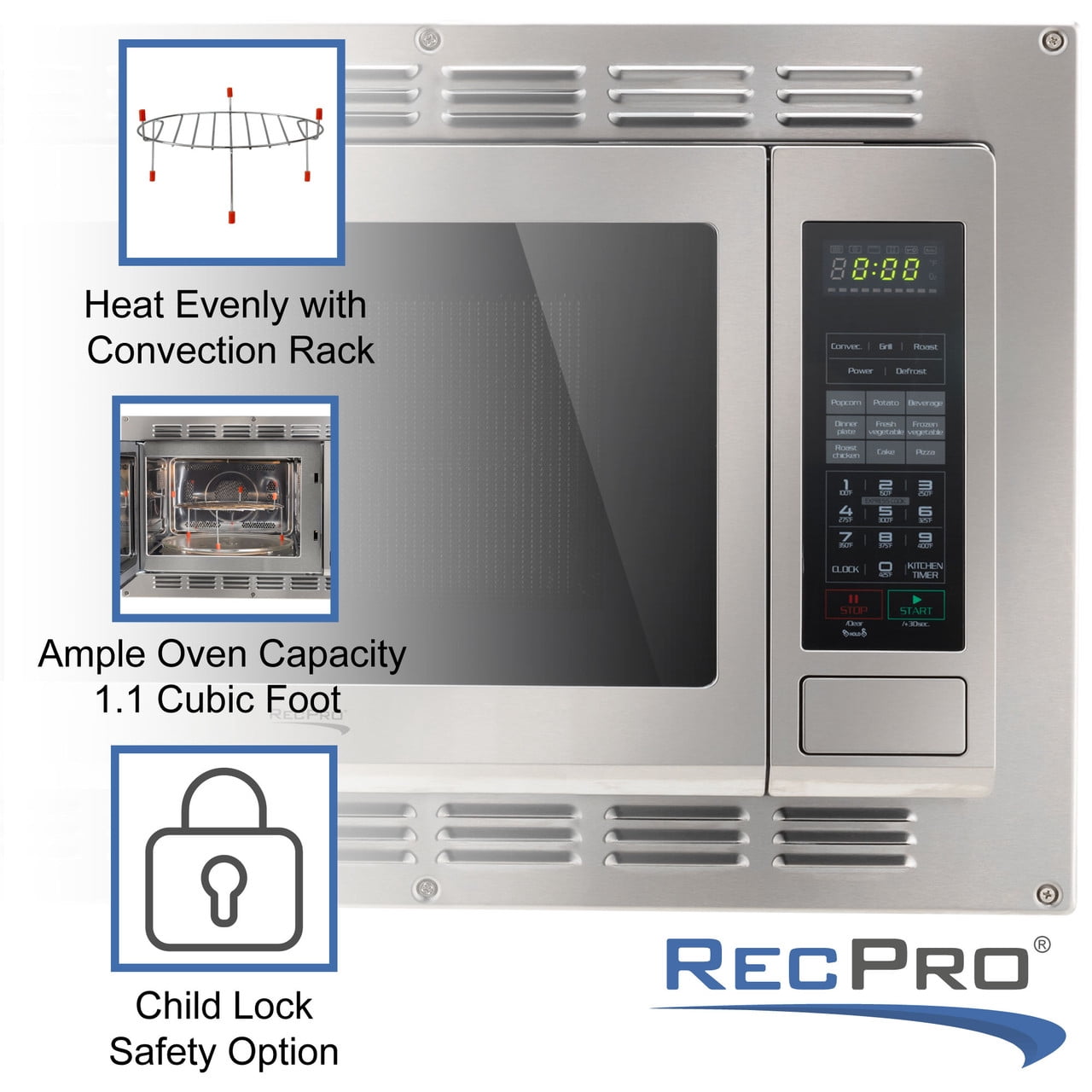 RecPro RV Convection Microwave Stainless Steel 1.1 cu. ft. | 120V | Microwave | Appliances | Direct Replacement for High Pointe and Greystone