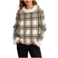 thumbnail image 2 of Ounisa Womens Tops Autumn Winter Pullover Sweater Loose Casual Long Sleeved Round Neck Stripe Plaid Shacket Blouse, 2 of 6