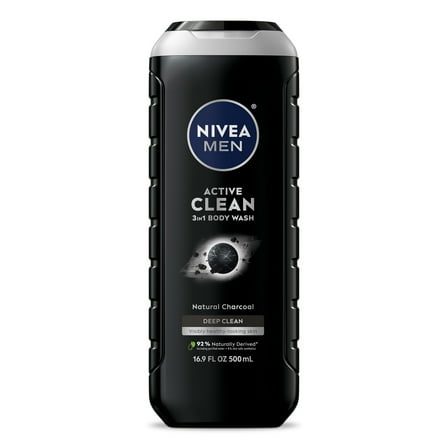 NIVEA MEN Active Clean 3-in-1 Men's Body Wash with Charcoal, Vanilla Bourbon Scent, 16.9 fl oz