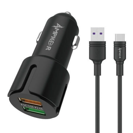 Ampker Car Charger for Samsung Galaxy S23 Plus: 30W Fast Charging Dual USB Ports (2.4A/Quick Charge 3.0) Auto Power Adapter and Type-C to USB Cable (5 Feet) - Black