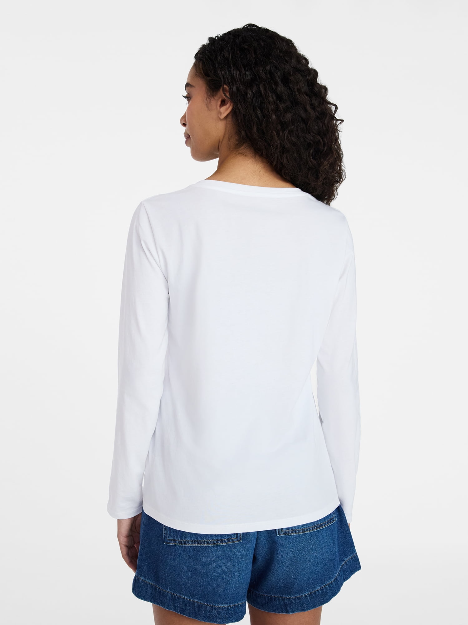 Time and Tru Women's Cotton V-Neck Tee with Long Sleeves, Sizes XS-XXXL