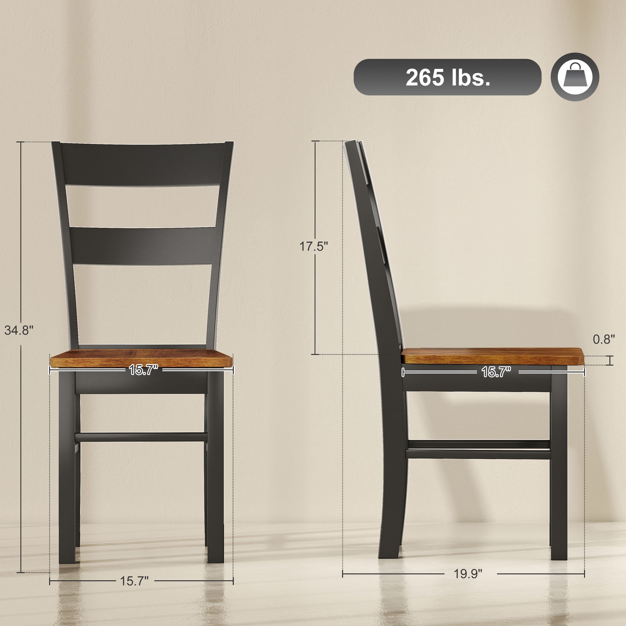 HOMCOM Dining Chairs, Set of 2 Rubber Wood Kitchen Chairs with Open Back, Farmhouse Dining Room Chairs, Black