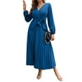 thumbnail image 5 of Seyurigaoka Womens Long Sleeve V-Neck Wrap Dresses Solid Color High Waist Pleated Long Skirts with Self Belt Puff Sleeve A-Line Sundress, 5 of 7