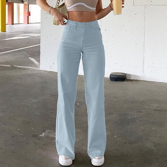 HOWPAY Straight Leg Jeans for Women Boyfriend High Waisted Pull on Denim Pants with Pockets Loose Fit Vintage Classic Lightweight Comfy Casual Pants Light Blue L