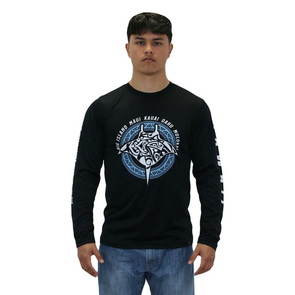Island Crew Hawaii Dri Fit Cool T-Shirt Long Sleeve, Manta Ray, Small - 3XLarge, Black