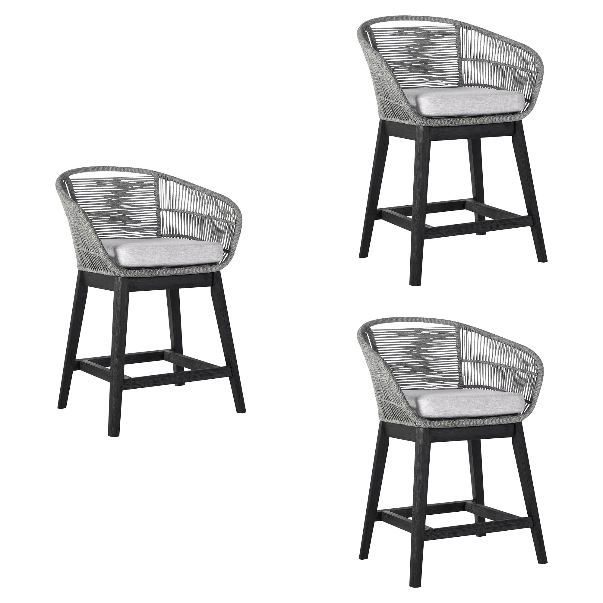 Tutti Frutti Indoor Outdoor Counter Height Bar Stool in Black Brushed Eucalyptus Wood with Gray Rope - Set of 3