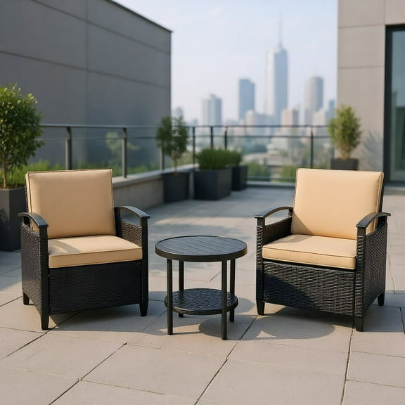 Resenkos 3 Pieces Patio Rattan Furniture Set, Outdoor Furniture Garden Conversation Bistro Sets with Coffee Table, Cushioned Sofa Storage Table with Shelf Garden