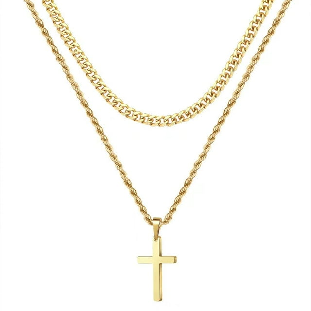 Collar de cruz de oro para hombres Collares de cruz para hombre Collar de cruz de acero inoxidable para hombres mujeres niñas Cadena de cuerda en capas Cadena cruzada para hombres 22-24 pulgadas Regal