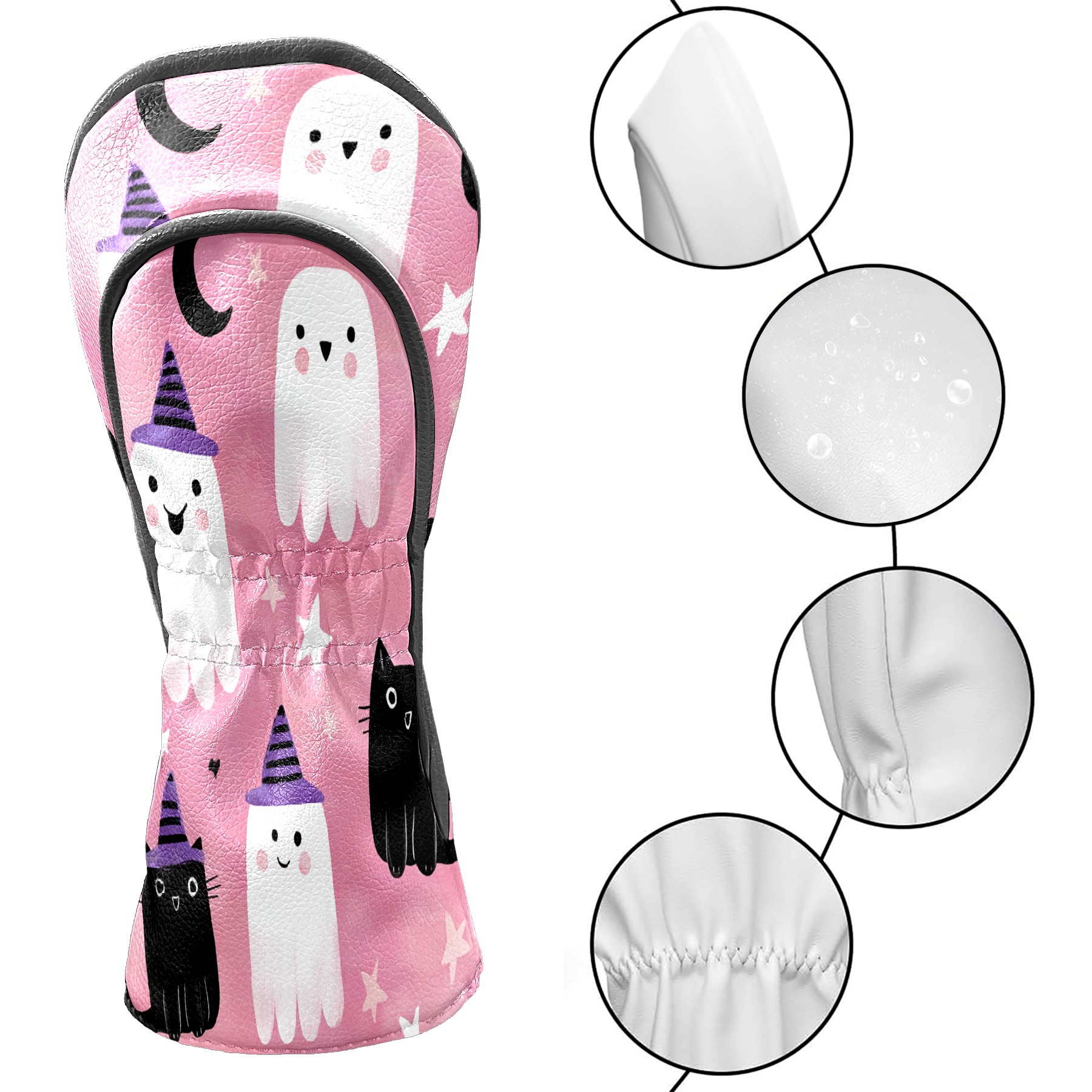 Golf Club Covers, Pink GhostCatMoon Premium PU Leather Driver Hybrid Putter Head Covers with Velvet Lining, Waterproof Golf Gifts for Men Women