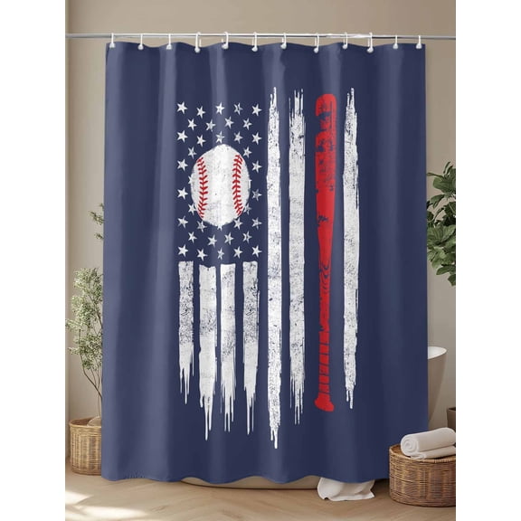 Shower Curtain, Vintage Navy Blue Baseball Waterproof Shower Curtain Set with Hooks for Bathroom Showers,Stalls and Bathtubs,72x72In USA Flag Abstract