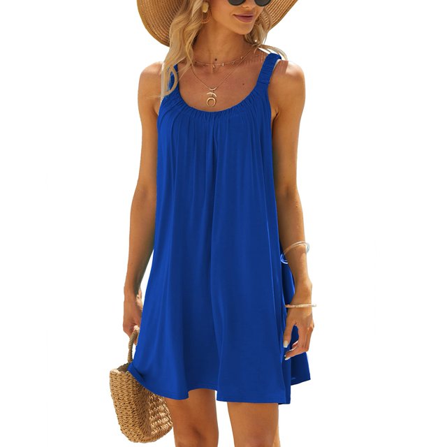 Vestido sin mangas plisado con cuello redondo para mujer, vestido sin mangas de playa elegante informal de verano para fiesta