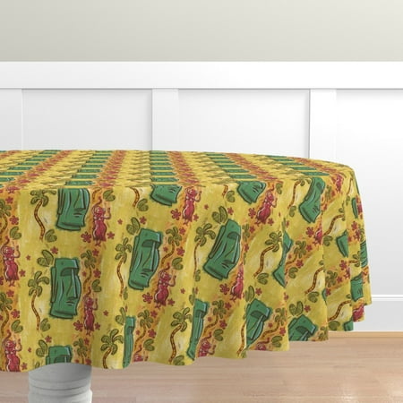 

Cotton Sateen Tablecloth 70 Round - Green Tiki Tropical Palm Tree Vintage Hawaiian Turquoise Mid Century Retro Beach Print Custom Table Linens by Spoonflower