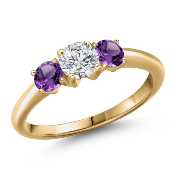 Gem Stone King 18K Yellow Gold Plated Silver Lab Grown Diamond and Purple Amethyst Engagement Ring for Women | 1.00 Cttw | Round 5MM | Gemstone April Birthstone | Size 7